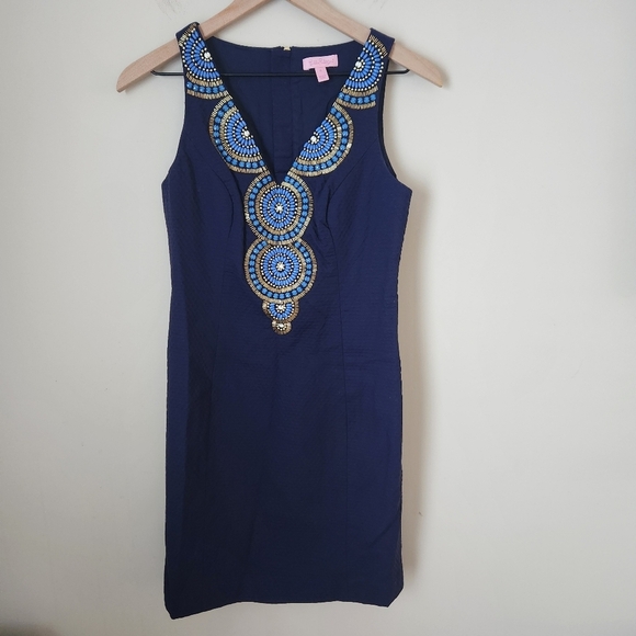 Lilly Pulitzer | Gabby 100% Cotton Beaded Shift Dress True Navy Blue - Size 0 - Picture 3 of 12